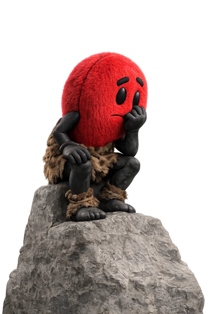 Oxy, the InnoPulse mascot, thinking on a rock